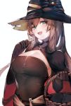  1girl alternate_costume bangs basket blush breasts brown_hair candy cape cat choker cleavage dress elbow_gloves eyebrows_visible_through_hair food girls_frontline gloves green_eyes hair_between_eyes hair_rings halloween hat highres holding holding_basket holding_food irikawa large_breasts lollipop long_hair looking_at_viewer m1903_springfield_(girls_frontline) open_mouth ponytail sidelocks simple_background smile solo upper_body white_background witch_costume witch_hat 