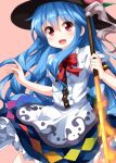  1girl :d black_hat blue_hair bow bowtie center_frills eyebrows_visible_through_hair hair_between_eyes hat highres hinanawi_tenshi long_hair looking_at_viewer open_mouth pink_background puffy_short_sleeves puffy_sleeves rainbow_gradient red_neckwear ruu_(tksymkw) short_sleeves simple_background smile solo sword_of_hisou touhou 