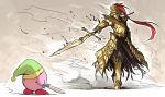  absurdres armor dark_souls dragon_slayer_ornstein duel full_armor gauntlets hat helmet highres kan_(aaaaari35) kirby kirby_(series) metal_boots nintendo plume pointing_weapon polearm souls_(from_software) spear sword weapon 