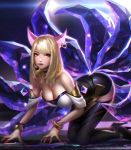  1girl ahri all_fours animal_ears bangs bare_shoulders blonde_hair bracelet breasts choker cleavage earrings fox_ears fox_tail heart heart_earrings high_heels idol jewelry k/da_(league_of_legends) k/da_ahri large_breasts league_of_legends liang_xing lips long_hair looking_at_viewer makeup microphone multiple_tails parted_lips single_earring solo strapless swept_bangs tail thigh-highs whisker_markings yellow_eyes 