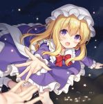  1girl :o blonde_hair blurry blurry_foreground blush bow bowtie commentary_request depth_of_field dress eyebrows_visible_through_hair frilled_shirt_collar frilled_sleeves frills hat leg_up long_hair looking_at_viewer maribel_hearn mob_cap nagisa3710 night night_sky open_mouth out_of_frame outstretched_arm purple_dress reaching red_bow red_neckwear sky socks solo_focus star star_(sky) starry_sky touhou violet_eyes white_legwear 