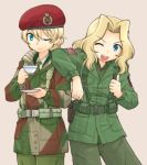  2girls ;d american_flag bangs beige_background belt beret british_army brown_shirt camouflage_background closed_mouth collared_shirt commentary_request cup darjeeling dress_shirt emblem eyebrows_visible_through_hair girls_und_panzer green_jacket green_neckwear green_pants green_shirt harness hat holding holding_cup holding_saucer jacket kay_(girls_und_panzer) long_hair looking_at_viewer military military_uniform multiple_girls necktie one_eye_closed open_mouth pants red_hat saucer shirt short_hair simple_background smile standing teacup thumbs_up uniform uona_telepin us_army utility_belt wing_collar 