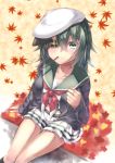  autumn_leaves blush cape closed_mouth eyepatch food green_hair hair_between_eyes hat kantai_collection kiso_(kantai_collection) looking_at_viewer looking_up miniskirt neckerchief pocky remodel_(kantai_collection) sailor_hat school_uniform serafuku short_hair sitting skirt smile yuihira_asu 