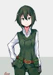  1girl absurdres belt black_gloves breasts contrapposto gloves green_eyes green_hair green_vest hair_between_eyes hand_on_own_chest highres kino kino_no_tabi long_sleeves short_hair small_breasts tegar32 tomboy vest 