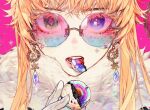  1girl bangs blonde_hair blue_eyes earrings gloves green_eyes heterochromia jawbreakers jewelry long_hair looking_at_viewer mouth_hold original parted_lips pigeon666 pink_background portrait round_eyewear shadow solo tinted_eyewear white_gloves 