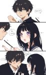  1boy 1girl 3koma black_hair black_sailor_collar chitanda_eru comic couple food gakuran green_eyes hetero hyouka korean long_hair mery_(apfl0515) oreki_houtarou pocky pocky_day sailor_collar school_uniform serafuku short_hair simple_background translation_request upper_body violet_eyes white_background 