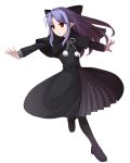  1girl apo_(apos2721) black_bow black_capelet black_coat black_footwear black_legwear bow capelet coat coat_dress eyebrows_visible_through_hair floating_hair full_body hair_bow leaning_to_the_side leg_up len loafers long_hair long_sleeves melty_blood outstretched_arms parted_lips pointy_ears red_eyes shoes silver_hair solo standing standing_on_one_leg transparent_background tsukihime winter_clothes winter_coat 