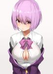 1girl :o blush bow bowtie breasts center_opening cleavage collared_shirt eyebrows_visible_through_hair highres hood hoodie large_breasts nnoelllll no_bra open_mouth purple_hair purple_neckwear red_eyes school_uniform shinjou_akane shirt short_hair simple_background solo ssss.gridman unbuttoned white_background 