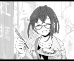  1girl bangs casual chopsticks closed_eyes collarbone crossed_bangs ears food fujinoki_(horonabe-ken) glasses greyscale holding holding_chopsticks holding_plate jacket kantai_collection long_sleeves monochrome multicolored_hair okinami_(kantai_collection) open_mouth plate shirt short_hair solo 