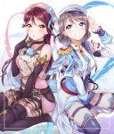  2girls bangs between_legs black_footwear black_gloves blue_flower blue_rose blush boots bow breasts choker elbow_gloves epaulettes finger_to_cheek flower gloves granblue_fantasy grin hair_between_eyes hair_ornament hand_between_legs hat hat_bow long_hair long_sleeves looking_at_viewer love_live! love_live!_sunshine!! medium_breasts multiple_girls parted_lips pink_hat rose sakurauchi_riko salute short_hair sitting smile surfing_orange swept_bangs thigh-highs thigh_boots wariza watanabe_you white_background white_hat 