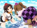  2girls :3 above_clouds ass bent_over black_hair black_legwear black_skirt blue_sky breasts brown_eyes brown_footwear brown_hair checkered checkered_skirt clouds commentary day eyebrows_visible_through_hair feet_out_of_frame flying food geta hair_ribbon hand_up hat himekaidou_hatate kneehighs leaf_print leg_ribbon legs_apart long_hair looking_at_another maple_leaf_print medium_breasts miniskirt mouth_hold multiple_girls outdoors petticoat pink_shirt pocky pocky_day pointy_ears puffy_short_sleeves puffy_sleeves purple_ribbon purple_skirt revision ribbon shameimaru_aya shirosato shirt short_hair short_sleeves skirt sky smile sweatdrop tengu-geta thighs tokin_hat touhou twintails v-shaped_eyebrows white_shirt 