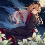  1girl :o bangs blonde_hair blush chinese_clothes commentary_request dress eyebrows_visible_through_hair flower from_behind from_side full_moon hair_between_eyes hand_on_own_chest hat headdress junko_(touhou) lily_(flower) long_hair long_sleeves looking_at_viewer looking_back moon nagisa3710 night outdoors red_eyes sky solo star_(sky) starry_sky tabard tassel touhou wide_sleeves 