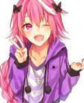  1boy ;d astolfo_(fate) bangs braided_ponytail collarbone cross cross_necklace eyebrows_visible_through_hair fate_(series) hair_ribbon jewelry long_hair long_sleeves looking_at_viewer necklace one_eye_closed open_mouth pink_eyes pink_hair ponytail purple_hoodie ribbon shirt smile solo standing striped striped_shirt tomydayo1031 tongue v white_background white_hair 