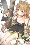  1girl absurdres ahoge arm_support assault_rifle bangs bare_shoulders black_gloves blush bow breasts brown_hair bullpup character_name choker cleavage collarbone dog_tags double_bun downblouse dress eyebrows_visible_through_hair fingerless_gloves fishnet_legwear fishnets fur_trim girls_frontline gloves green_bow green_eyes green_legwear gun hair_between_eyes hair_bow highres holding holding_gun holding_weapon jacket kel-tec kel-tec_rfb long_hair looking_at_viewer medium_breasts paint_splatter r_o_ha rfb_(girls_frontline) rifle short_dress sidelocks sitting smile solo strap_slip striped striped_legwear stuffed_animal stuffed_toy teddy_bear vertical-striped_legwear vertical_stripes weapon 