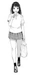  1girl bag black_footwear black_hair blush eating food greyscale highres huridog long_hair monochrome original plaid plaid_skirt pleated_skirt popsicle school_uniform shoes shopping_bag short_sleeves simple_background skirt socks 