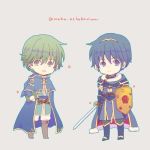  2boys armor blue_eyes blue_hair book cape falchion_(fire_emblem) fire_emblem fire_emblem:_mystery_of_the_emblem fire_emblem_heroes gloves green_eyes green_hair headband looking_at_viewer lowres male_focus marich marth multiple_boys nintendo open_mouth shield short_hair smile sword tiara waka_ashakoniwa weapon 