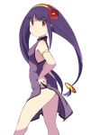  1girl alternate_costume armlet bangs black_hair blunt_bangs blush breasts brown_eyes china_dress chinese_clothes dress flower hair_flower hair_ornament hairband hand_on_hip long_hair looking_at_viewer looking_to_the_side low-tied_long_hair miyata_(lhr) purple_hair queen_tia rockman ryuusei_no_rockman ryuusei_no_rockman_3 side_slit simple_background small_breasts solo white_background 