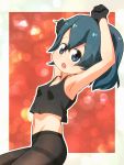  1girl :o armpits arms_up black_gloves black_legwear black_tank_top blue_eyes breasts commentary eyebrows_visible_through_hair gloves hair_between_eyes highres kaban_(kemono_friends) kemono_friends looking_at_viewer midriff outline pantyhose sat-c short_hair small_breasts solo stretch tank_top thighband_pantyhose white_outline 