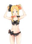  1girl :d abigail_williams_(fate/grand_order) arms_up bangs bare_arms bare_shoulders bikini black_bow blonde_hair blue_eyes blush bow breasts collarbone commentary_request cowboy_shot double_bun eyebrows_visible_through_hair fate/grand_order fate_(series) forehead gluteal_fold grey_bikini hair_bow head_tilt looking_at_viewer navel open_mouth orange_bow parted_bangs plaid plaid_bikini polka_dot polka_dot_bow side_bun simple_background small_breasts smile solo standing swimsuit white_background yukaa 