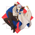  1boy ahoge blue_eyes cloak formal male_focus open_mouth silver_hair smile solo square suit sword touken_ranbu twitter_username weapon yamanbagiri_chougi 