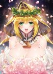  1girl :d ahoge blonde_hair bouquet breasts bride chains cleavage detached_collar fate/grand_order fate_(series) flower green_eyes hair_intakes head_wreath holding holding_bouquet huge_breasts kurumi_moka lock looking_at_viewer nero_claudius_(bride)_(fate) nero_claudius_(fate)_(all) open_mouth padlock petals pink_flower pink_rose puffy_sleeves rose rose_petals short_hair smile solo upper_body veil white_flower white_sleeves 