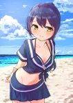  1girl alternate_hairstyle arms_behind_back bangs beach bikini bikini_top blue_bikini blue_hair blush breasts cleavage closed_mouth clouds collarbone commentary cowboy_shot day front-tie_top goe_(g-o-e) hair_between_eyes highres long_hair looking_at_viewer love_live! love_live!_school_idol_project navel ocean outdoors ponytail sailor_collar sailor_shirt sand shirt skirt sonoda_umi stomach swimsuit yellow_eyes 