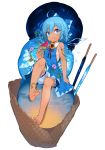  1girl ahoge bare_arms bare_legs barefoot bloomers blue_bow blue_dress blue_eyes blue_hair bow cirno clouds dress eyebrows_visible_through_hair feet flower food full_body hair_between_eyes hair_bow hand_up highres holding ice ice_cream ice_cream_cone ice_wings knee_up looking_at_viewer morning_glory open_mouth popsicle red_ribbon ribbon short_hair simple_background sitting sky sleeveless sleeveless_dress solo star_(sky) starry_sky sunflower takotsu tan tanned_cirno toenails touhou transparent_wings triple_scoop underwear watermelon_bar white_background wings 