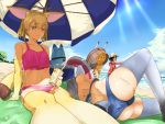 4girls =d animal_ears arm_support armpits arms_up ass back bangs bare_shoulders beach beach_towel beach_umbrella bikini black_hair blonde_hair blue_bikini blue_sky blue_swimsuit carrying closed_mouth collarbone common_raccoon_(kemono_friends) cup day drinking_straw elbow_gloves extra_ears eyebrows_visible_through_hair fennec_(kemono_friends) foreshortening fox_ears fox_tail gloves grey_hair hat_feather helmet highres holding hood hood_down hoodie horizon innertube kaban_(kemono_friends) kemono_friends knee_up koshian_(koukidesu) long_sleeves looking_afar looking_at_another lucky_beast_(kemono_friends) lying multiple_girls navel ocean on_ground on_side outdoors pink_bikini pink_swimsuit pith_helmet print_bikini print_swimsuit raccoon_ears raccoon_tail sand serval_(kemono_friends) serval_ears serval_print serval_tail shade short_hair sitting sky smile stomach striped_tail sunlight sweat swimsuit tail thigh-highs towel umbrella walking water yellow_eyes yellow_legwear |_| 