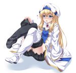  1girl black_legwear blonde_hair bloomers blue_eyes blush boots breasts dress feet frills goblin_slayer! half-closed_eyes hat highres kyuutou_(kyuutouryuu) long_hair long_sleeves open_mouth priestess_(goblin_slayer!) removing_legwear simple_background small_breasts soles sweatdrop text_focus thigh-highs thigh_boots translated underwear white_background wide_sleeves 