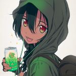  1girl akagi_(fmttps) anoshiras_(ssss.gridman) backpack bag braid can fangs fingerless_gloves gloves green_hair hair_between_eyes headphones holding hood hood_up hoodie long_hair long_sleeves looking_at_viewer open_mouth red_eyes simple_background smile soda_can solo ssss.gridman twin_braids upper_body white_background 
