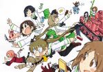  6+girls :t artist_name bamboo bangs black_eyes black_hair black_legwear black_neckwear black_ribbon black_skirt blood blouse blue_eyes blush_stickers boko_(girls_und_panzer) bottle braid broken_eyewear brown_eyes brown_footwear brown_hair brown_jacket bug butterfly clothes_pin crab cup emblem eyebrows_visible_through_hair falling fanta_(the_banana_pistols) fighting_stance frown fukuda_(girls_und_panzer) girls_und_panzer glasses green_skirt ground_vehicle hair_ribbon helmet highres holding insect jacket knife loafers long_hair long_sleeves m3_lee marker_(medium) maruyama_saki military military_uniform military_vehicle miniskirt motor_vehicle multiple_girls neckerchief nishizumi_miho ooarai_school_uniform oono_aya opaque_glasses open_mouth parted_bangs pleated_skirt pointing rabbit red_eyes red_jacket redhead rhinoceros_beetle ribbon rosehip round_eyewear sakaguchi_karina saucer sawa_azusa school_uniform serafuku shoes short_hair signature simple_background sitting skirt socks speech_bubble spill spray_bottle st._gloriana&#039;s_military_uniform standing sweatdrop tank tea teacup thigh-highs traditional_media twin_braids twintails uniform utsugi_yuuki uwabaki v-shaped_eyes white_background white_blouse white_footwear yamagou_ayumi yellow_skirt 