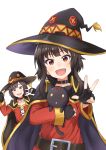  1other 2girls asymmetrical_bangs bangs belt black_gloves brown_hair cape cat choker chomusuke collarbone cosplay demon_wings dress fingerless_gloves gloves hand_on_headwear hat kono_subarashii_sekai_ni_shukufuku_wo! long_sleeves looking_at_viewer megumin megumin_(cosplay) multiple_girls naginoya open_mouth red_eyes short_dress short_hair simple_background smile takahashi_rie v white_background wings witch_hat yellow_eyes 