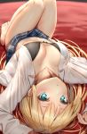  1girl arms_up bangs bare_legs barefoot black_bra blonde_hair blue_eyes blue_skirt blurry blurry_background blush bow bow_bra bra breasts closed_eyes collarbone collared_shirt commentary_request depth_of_field dress_shirt fingernails highres knees_up long_hair long_sleeves looking_at_viewer lying navel on_back open_clothes open_shirt original pleated_skirt reinama school_uniform shirt skirt sleeves_past_wrists small_breasts solo toenails underwear upside-down very_long_hair white_shirt 
