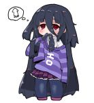  1girl bandage black_hair eating_hair long_hair nekodason pantyhose pleated_skirt purple_shirt red_eyes shirt skirt squid striped striped_shirt very_long_hair very_long_sleeves yamada_tae zombieland_saga 