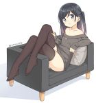  1girl ass bangs black_hair blue_eyes blush brown_hair brown_legwear collarbone commentary_request couch gradient_hair grey_sweater hair_between_eyes hand_on_leg hatsunatsu head_tilt legs_crossed long_hair long_sleeves multicolored_hair no_shoes off-shoulder_sweater on_couch one_side_up original parted_lips shadow sleeves_past_wrists solo sweater thigh-highs twitter_username white_background 