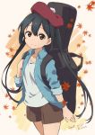  1girl absurdres autumn_leaves black_hair brown_eyes cowboy_shot dated errant eyebrows_visible_through_hair hat highres instrument_case k-on! long_hair looking_at_viewer motion_blur nakano_azusa shorts signature simple_background smile solo twintails 