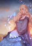  1girl absurdres blonde_hair blue_butterfly blue_dress braid breasts bug butterfly cleavage copyright_request dress highres hihisou_(pan-kun) insect long_hair long_sleeves medium_breasts outdoors parted_lips sidelocks solo twilight very_long_hair 