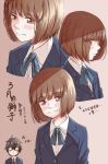  1boy 1girl a_bao ahoge alternate_hairstyle bangs black_hair blue_neckwear blunt_bangs blush blush_stickers broken_eyewear brown_eyes highres kawamoto_hinata kiriyama_rei multiple_views necktie sangatsu_no_lion school_uniform short_hair simple_background translation_request upper_body 