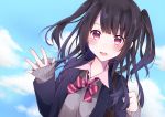  1girl :d bag bangs black_hair black_jacket blazer blue_sky blunt_bangs blush bow bowtie clouds cloudy_sky collared_shirt commentary_request day dutch_angle grey_sweater hands_up jacket long_hair long_sleeves looking_at_viewer nanase_eka open_clothes open_jacket open_mouth original outdoors pink_neckwear red_eyes school_uniform shirt shoulder_bag sidelocks sky sleeves_past_wrists smile solo striped_neckwear sweater two_side_up upper_body upper_teeth white_shirt 