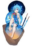  1girl ahoge bare_arms bare_legs barefoot bloomers blue_bow blue_dress blue_eyes blue_hair bow cirno clouds dress eyebrows_visible_through_hair feet flower food full_body hair_between_eyes hair_bow hand_up highres holding ice ice_cream ice_cream_cone ice_wings knee_up looking_at_viewer morning_glory open_mouth popsicle red_ribbon ribbon short_hair simple_background sitting sky sleeveless sleeveless_dress solo star_(sky) starry_sky sunflower takotsu toenails touhou transparent_wings triple_scoop underwear watermelon_bar white_background wings 