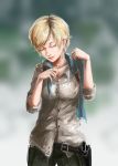  1girl aqua_scarf black_belt blonde_hair blurry blurry_background breasts closed_eyes closed_mouth collarbone collared_shirt commentary english_commentary eyebrows hands_up highres lips mismatched_eyebrows nose realistic resident_evil resident_evil_6 scarf sherry_birkin shirt short_hair smile solo standing unbuckled_belt undressing uninstall_(hear-me-now) untucked_shirt very_short_hair wing_collar 
