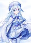  1girl ainu_clothes animal_ears bangs black_legwear blue_eyes blue_hair blue_hat cape closed_mouth commentary_request eyebrows_visible_through_hair fate/grand_order fate_(series) fur-trimmed_cape fur_trim hair_between_eyes hair_ornament hat highres illyasviel_von_einzbern light_smile long_hair long_sleeves looking_at_viewer pantyhose pom_pom_(clothes) seungju_lee sidelocks sitonai solo standing very_long_hair white_cape 