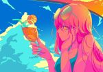  1girl aqua_nails bangs berryverrine blue_sky breasts cleavage clouds cloudy_sky cup drink drinking_straw food fruit glass hand_on_head highres holding holding_cup long_hair nail_polish orange orange_eyes orange_slice original outdoors sky smile solo summer sunglasses upper_body 