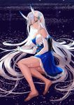  1girl absurdly_long_hair aqua_eyes arm_support bangs bare_legs bare_shoulders barefoot breasts cleavage closed_mouth commentary_request detached_sleeves dress flower full_body hair_flower hair_ornament highres horns japanese_clothes kiyosato0928 long_hair looking_at_viewer medium_breasts obi original partially_submerged petals pointy_ears sash sidelocks sitting solo strapless strapless_dress very_long_hair water white_hair yokozuwari 