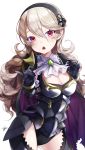  1girl armor black_armor black_gloves black_hairband breasts cape cleavage female_my_unit_(fire_emblem_if) fire_emblem fire_emblem_if gloves hairband highres long_hair medium_breasts my_unit_(fire_emblem_if) nintendo open_mouth pointy_ears red_eyes ringozaka_mariko signature simple_background solo white_background white_hair 