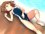  1girl beach blush breasts brown_eyes brown_hair closed_mouth competition_swimsuit eyebrows_visible_through_hair highres looking_at_viewer lying misaka_mikoto nike_(0306) on_back one-piece_swimsuit short_hair small_breasts smile solo swimsuit to_aru_kagaku_no_railgun to_aru_majutsu_no_index water 