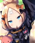  1girl abigail_williams_(fate/grand_order) arm_up bangs black_bow black_jacket blonde_hair blue_eyes blush bow commentary_request crossed_bandaids dutch_angle fate/grand_order fate_(series) food hair_bow hair_bun heroic_spirit_traveling_outfit jacket long_hair long_sleeves looking_at_viewer object_hug orange_bow parted_bangs pocky pocky_kiss polka_dot polka_dot_bow shared_food shiki_(catbox230123) sleeves_past_fingers sleeves_past_wrists solo star stuffed_animal stuffed_toy teddy_bear upper_body 