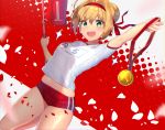  1girl :d arm_up bangs blonde_hair blurry blush braid buruma character_name depth_of_field dutch_angle eyebrows_visible_through_hair fate/grand_order fate_(series) fingernails flag french_braid glint green_eyes gym_uniform hair_between_eyes hair_bun hair_intakes hair_ribbon halftone halftone_background head_tilt highres holding leg_up looking_at_viewer medal midriff motion_blur name_tag nayuta_(una) nero_claudius_(fate) nero_claudius_(fate)_(all) number olympian_bloomers open_mouth outstretched_arm petals red_background red_buruma red_headband red_ribbon ribbon rose_petals shiny shiny_hair shiny_skin shirt short_hair short_sleeves sidelocks smile solo sparkle standing standing_on_one_leg upper_teeth white_background white_shirt 