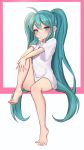  1girl :/ absurdres ahoge aqua_eyes aqua_hair barefoot blush bottomless closed_mouth commentary_request expressionless eyebrows_visible_through_hair full_body hair_between_eyes hatsune_miku highres korean_commentary long_hair looking_at_viewer partial_commentary pn_(wnsl216) shirt short_sleeves sidelocks sitting solo spread_toes t-shirt twintails very_long_hair vocaloid white_shirt 