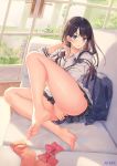  1girl atdan barefoot black_hair blue_eyes book cardigan commentary_request feet flower hand_in_hair highres legs_up long_hair looking_at_viewer parted_lips skirt smile soles solo ssss.gridman sunlight takarada_rikka thighs toes window 